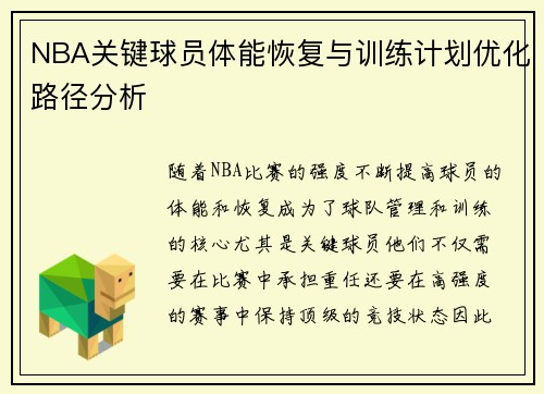NBA关键球员体能恢复与训练计划优化路径分析